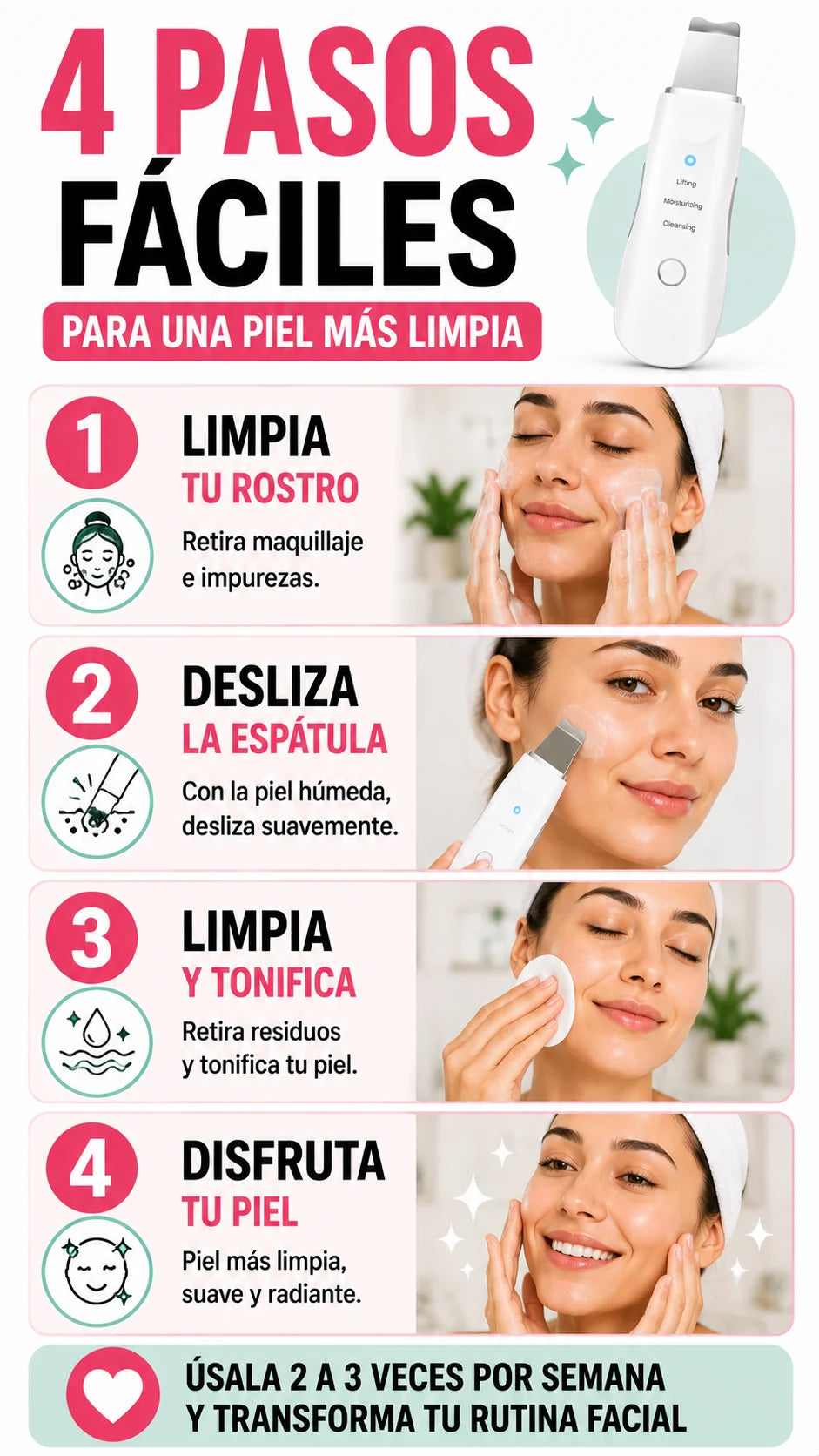 Cuatro pasos faciles para usar la espatula facial ultrasonido