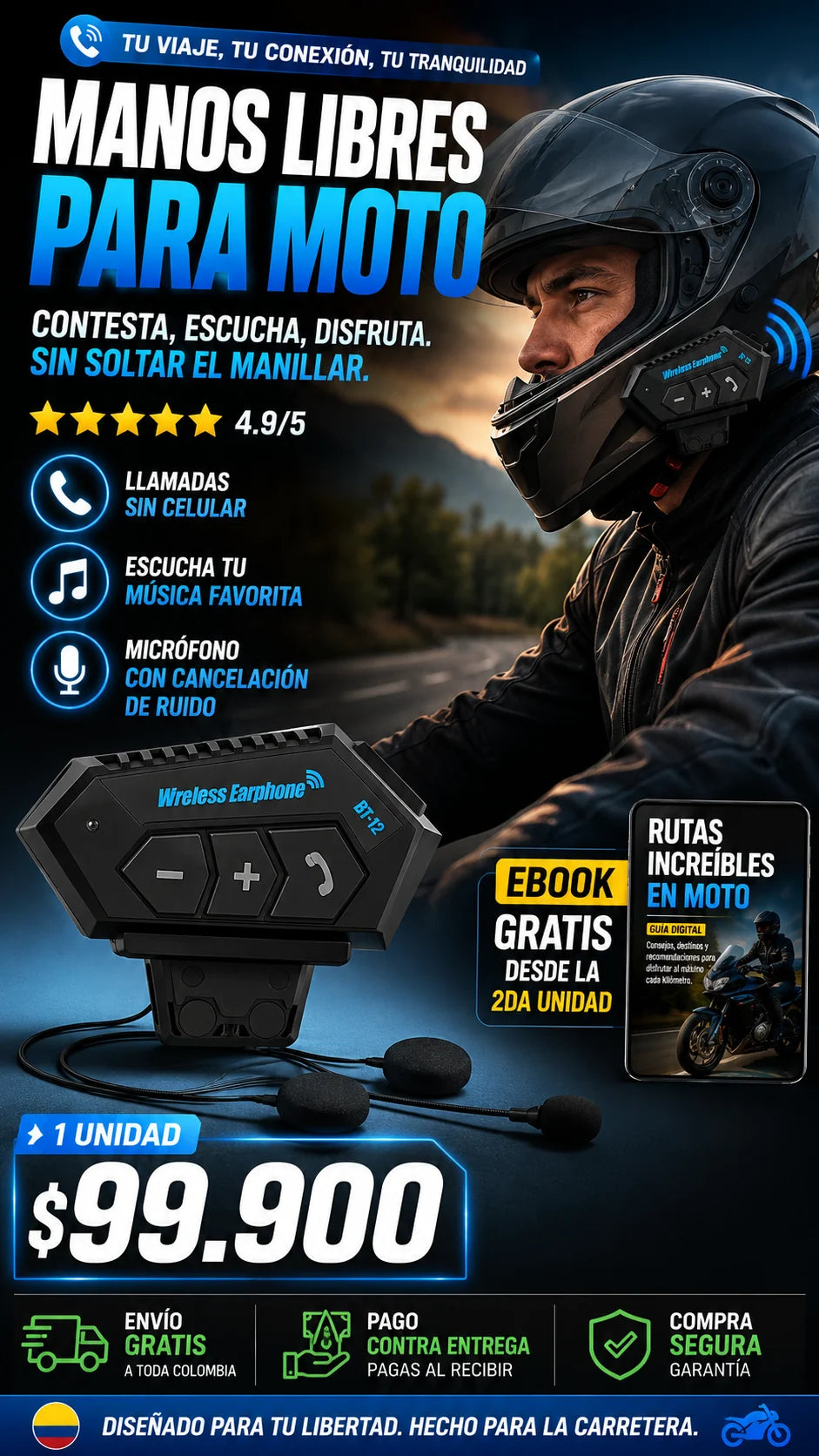 Manos libres BT12 para moto con llamadas musica microfono y GPS