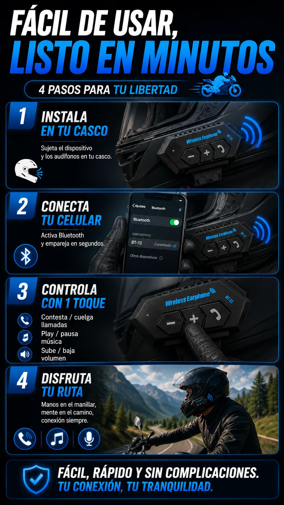Como instalar conectar y usar el manos libres BT12 en el casco
