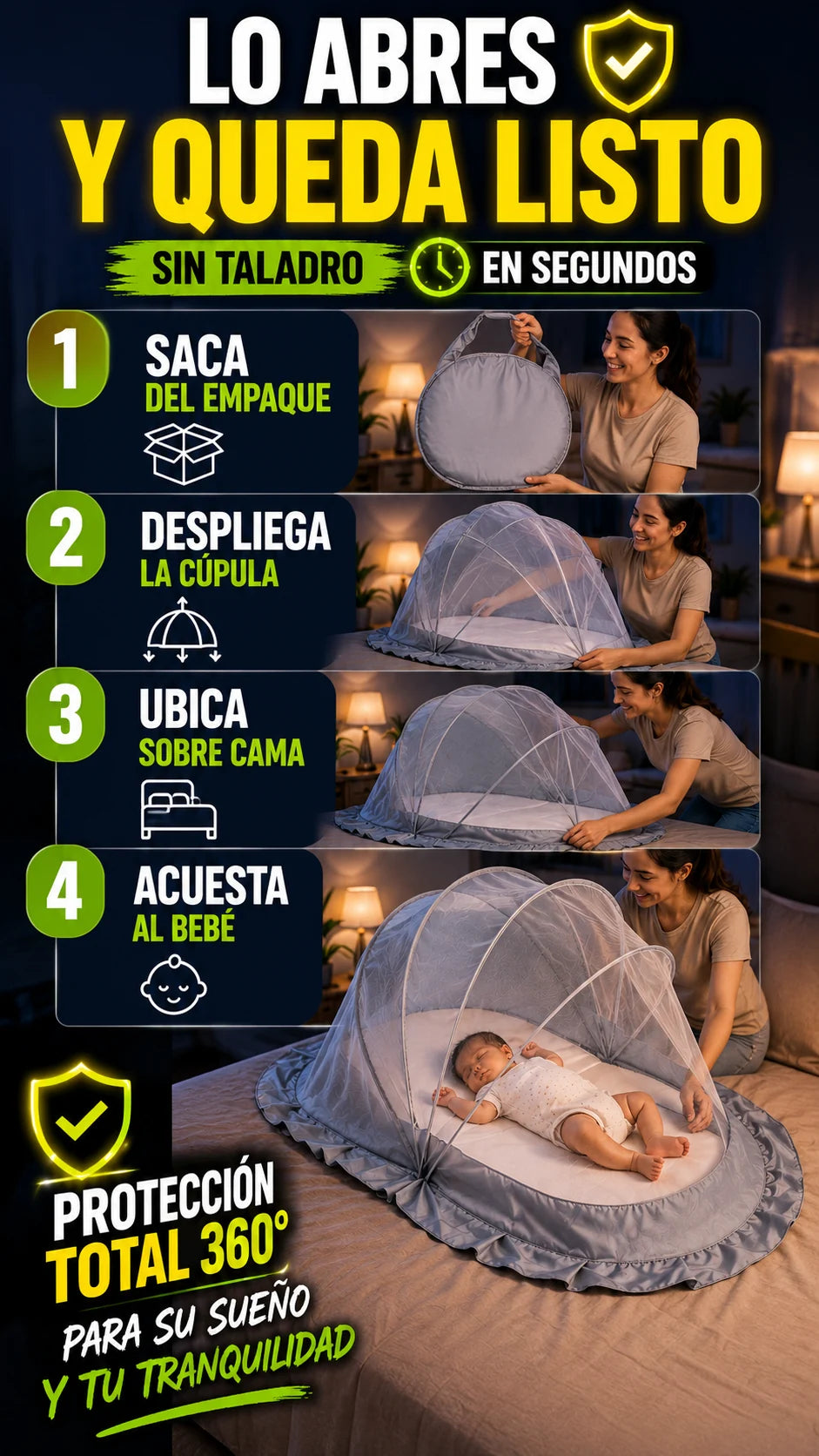 Pasos para abrir desplegar ubicar y acostar al bebe en el mosquitero