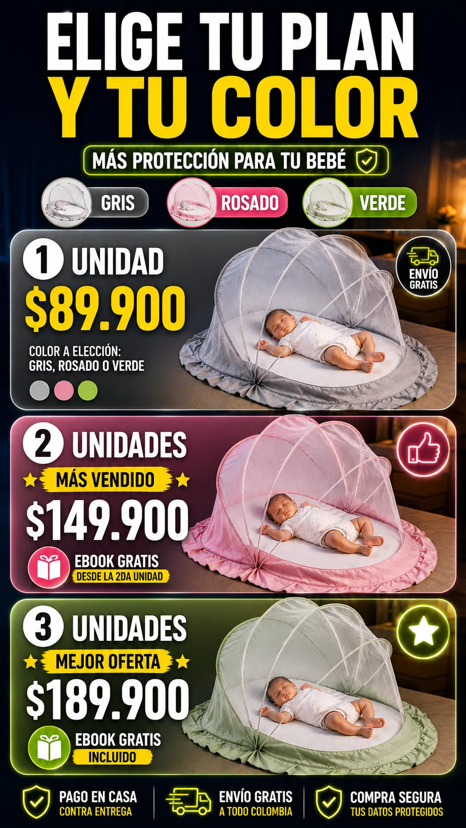 Oferta mosquitero portatil una dos y tres unidades con colores rosado gris y verde