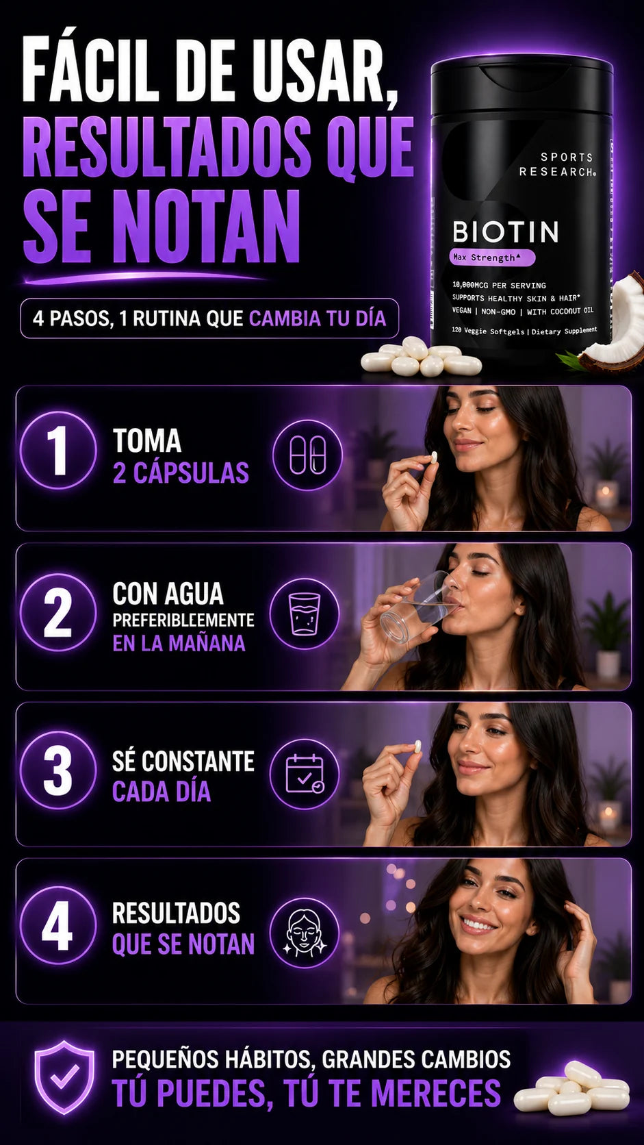 Modo de uso de Biotin Max Strength en cuatro pasos