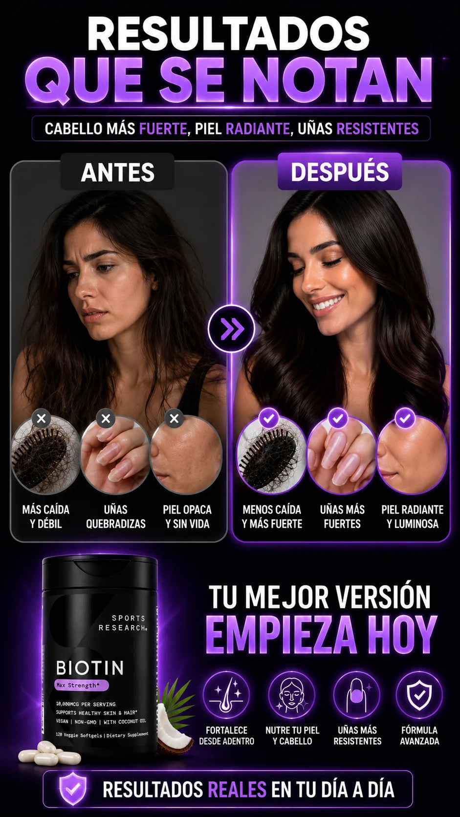 Resultados que se notan con cabello mas fuerte piel radiante y unas resistentes
