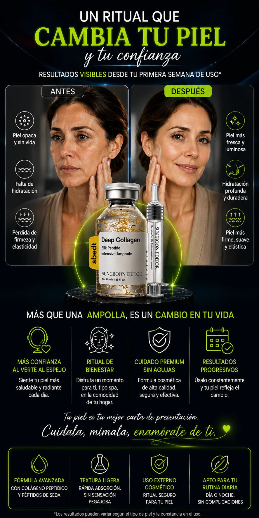 Cambio visual en la apariencia de la piel después de incorporar el ritual facial