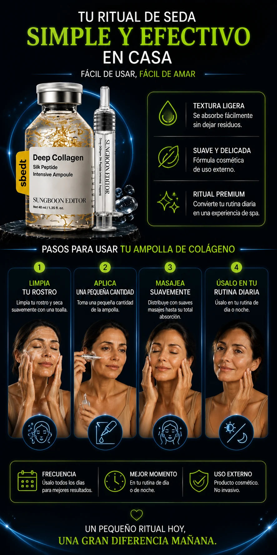 Pasos para aplicar la ampolla de colágeno dentro de la rutina facial