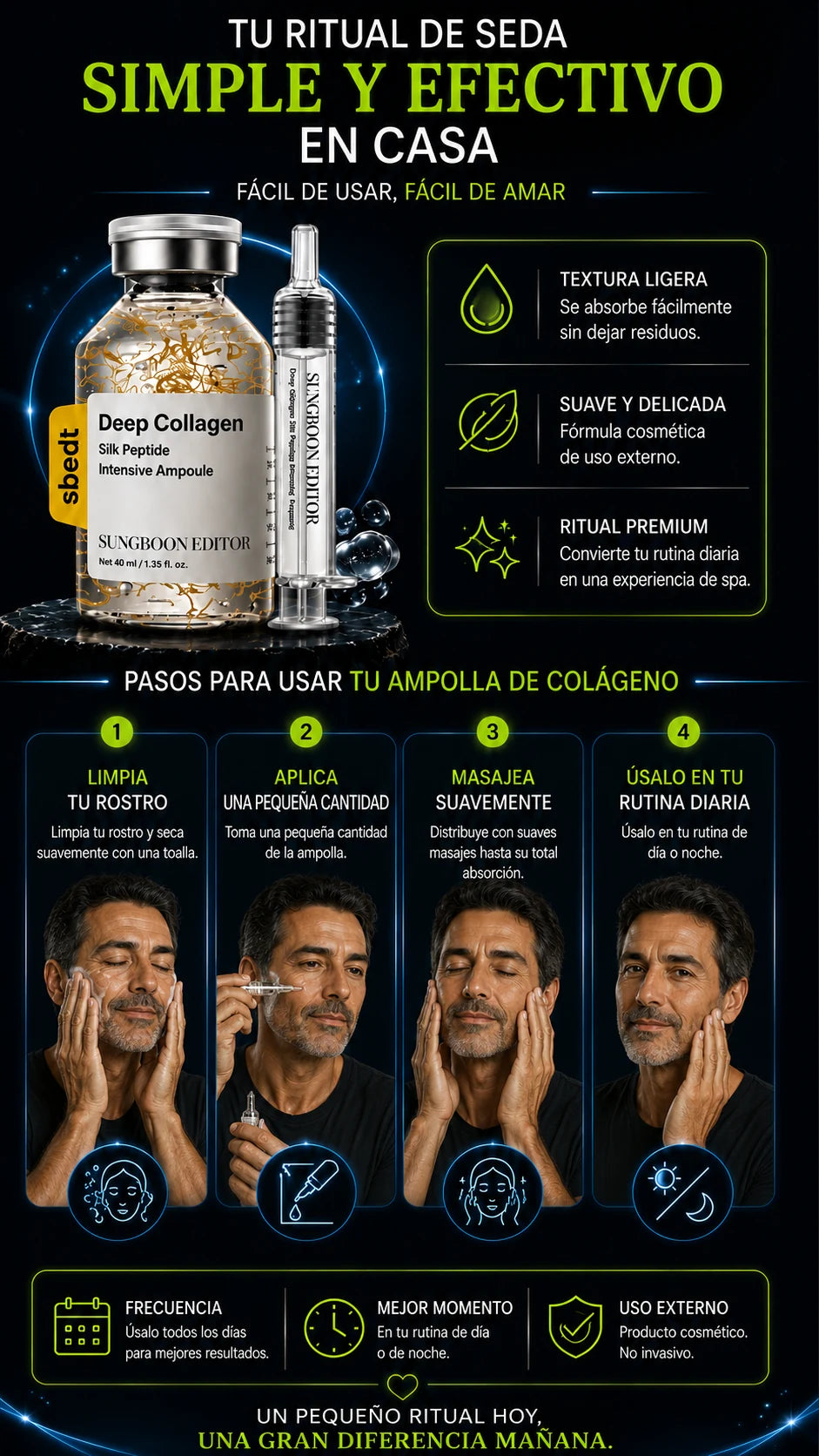 Rutina facial masculina sencilla con ampolla de colágeno