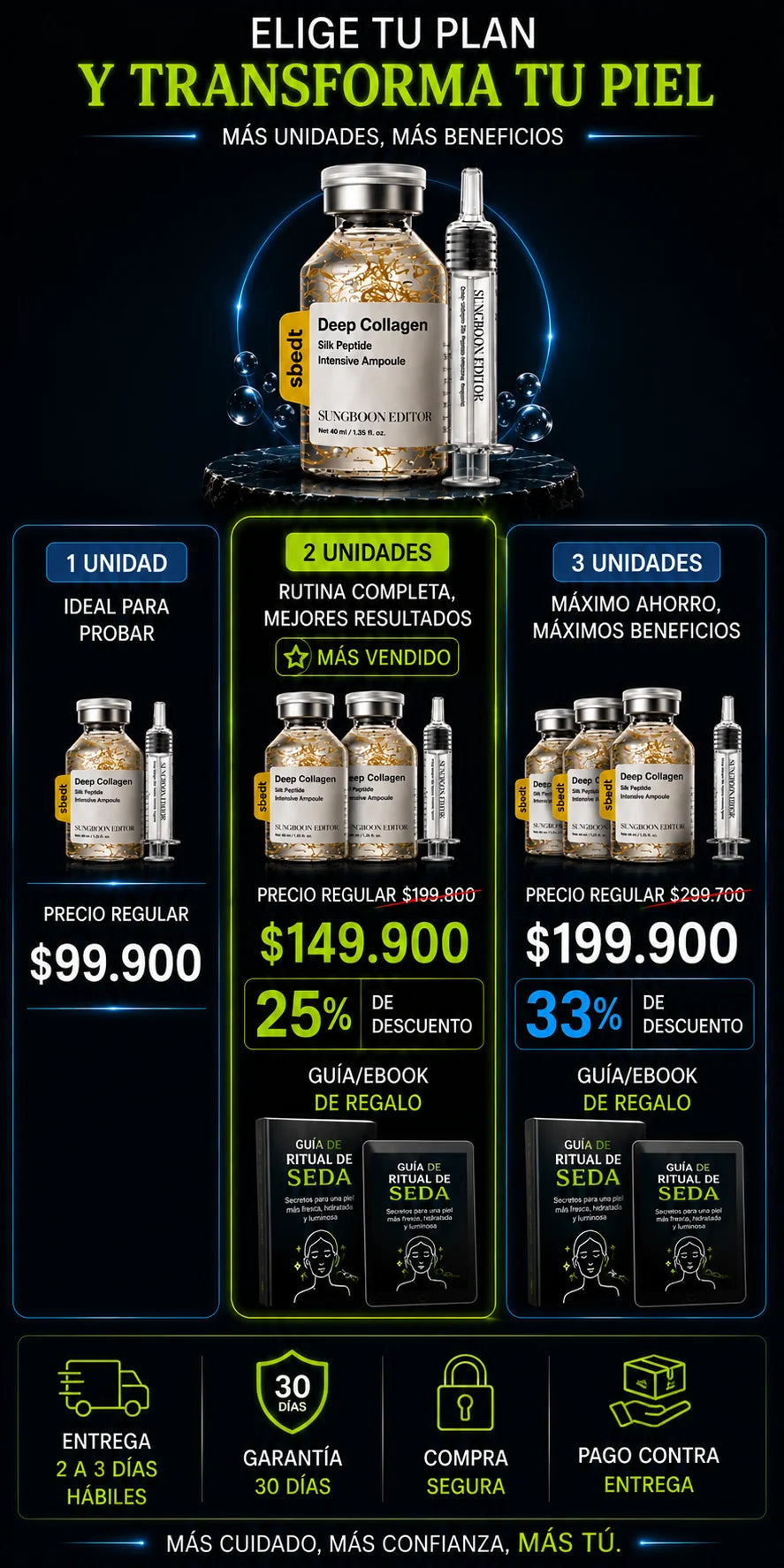 Planes de una, dos y tres ampollas de hilos de colágeno y péptidos