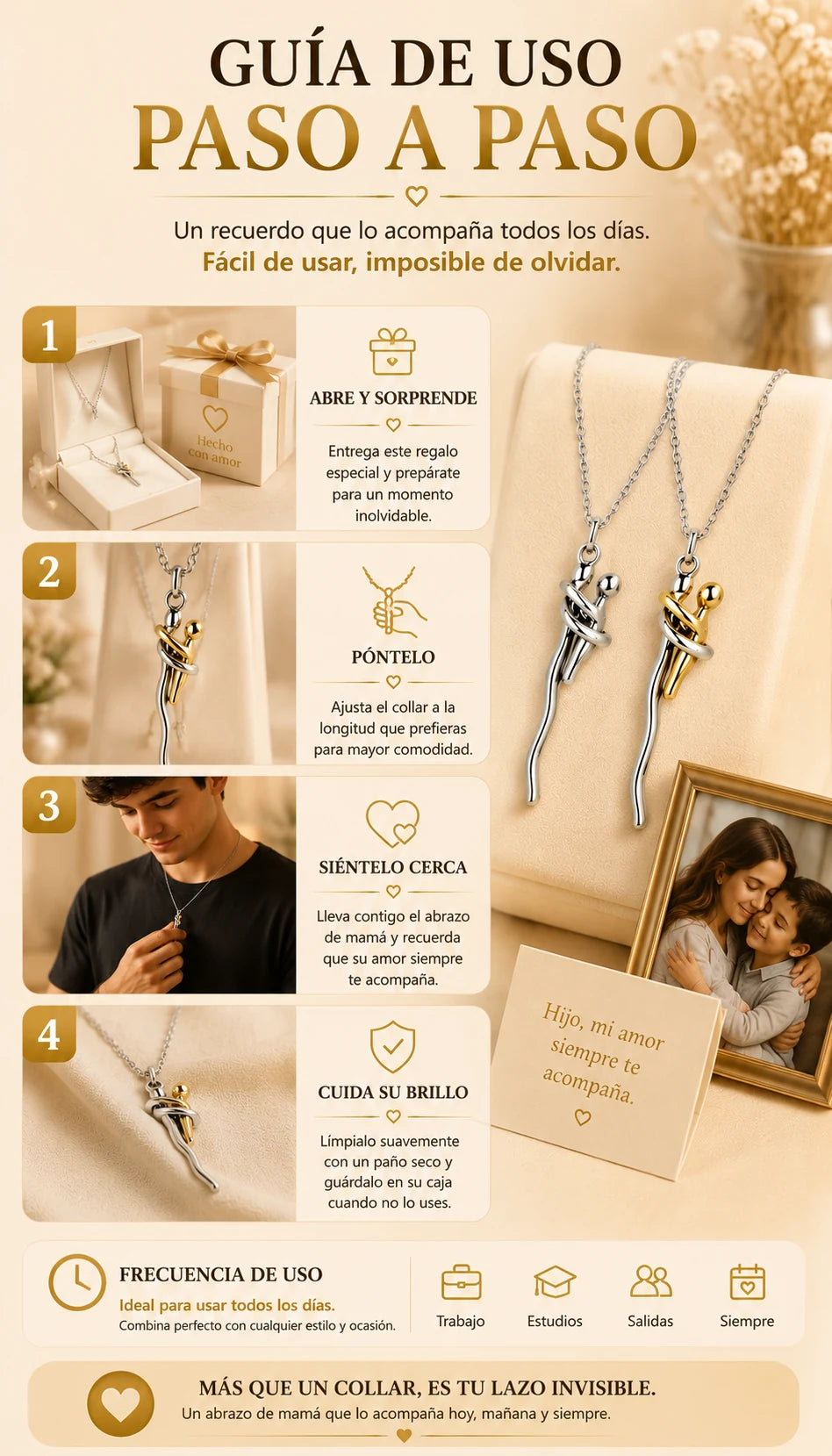 Pasos para abrir, regalar, usar y cuidar el collar