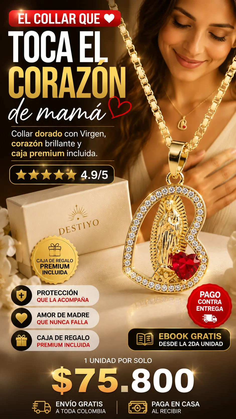 Collar Corazon de Madre dorado con Virgen de Guadalupe y caja premium