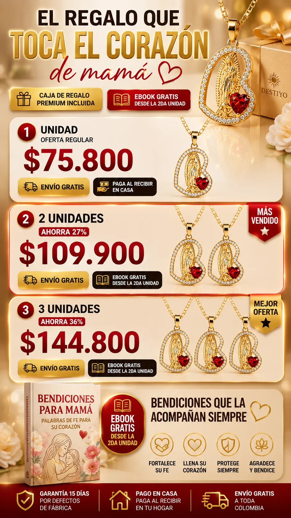 Oferta de Collar Corazon de Madre con caja premium y ebook desde la segunda unidad