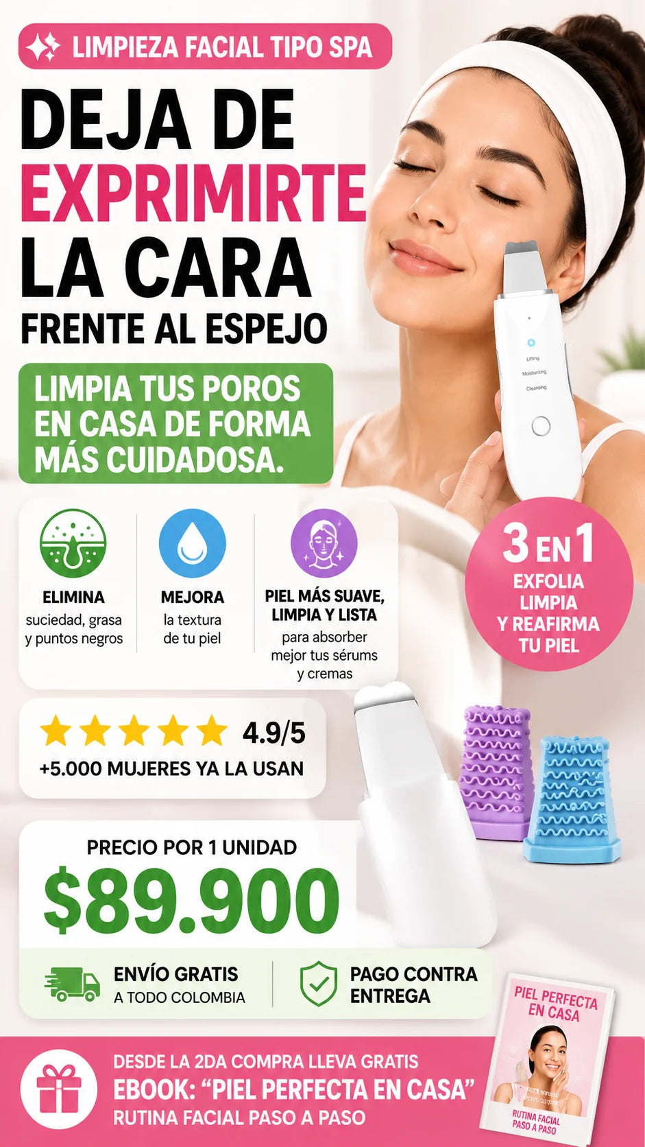 Espatula facial ultrasonido 3 en 1 para limpiar poros en casa