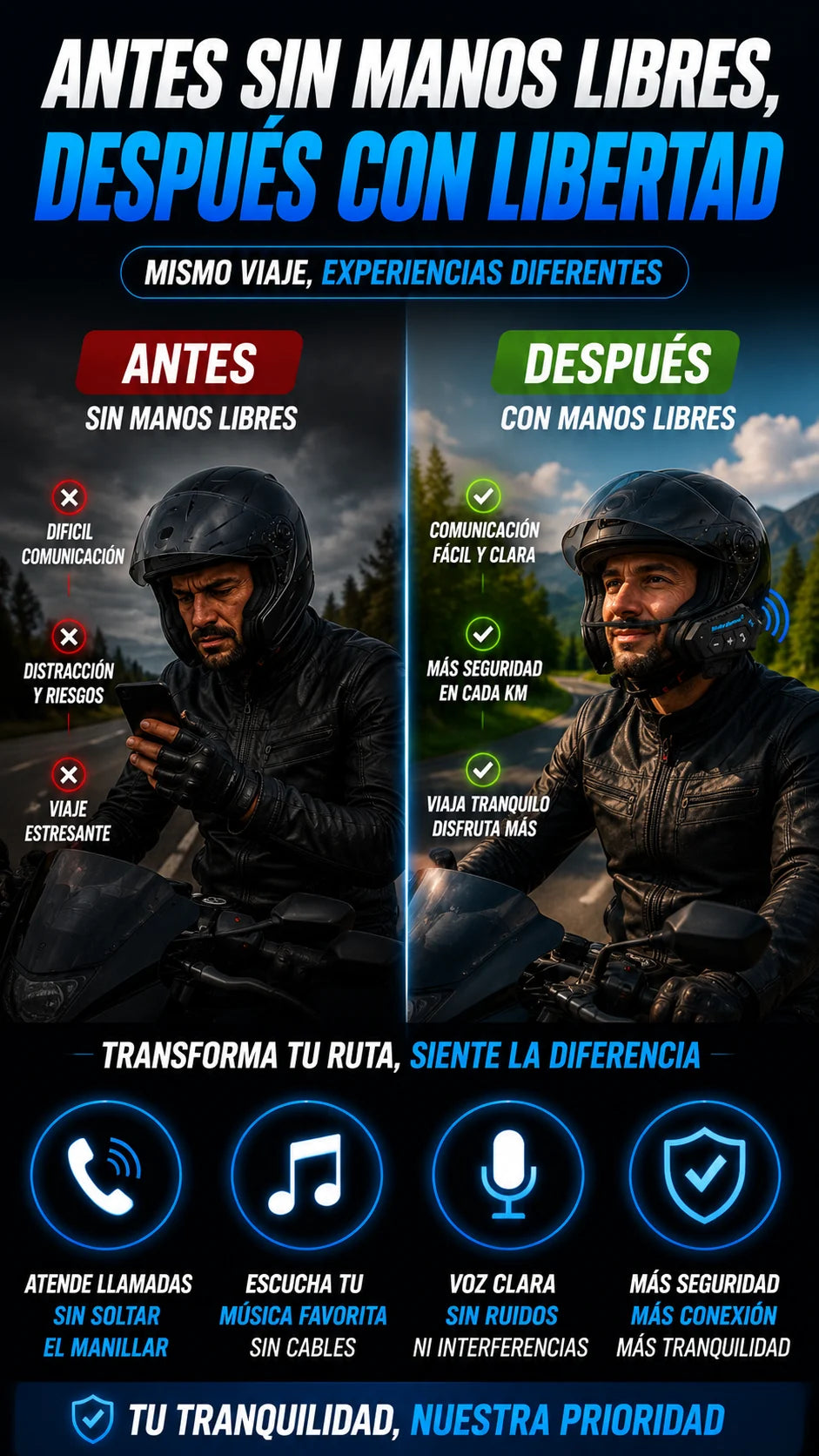 Antes sin manos libres despues con libertad en la ruta