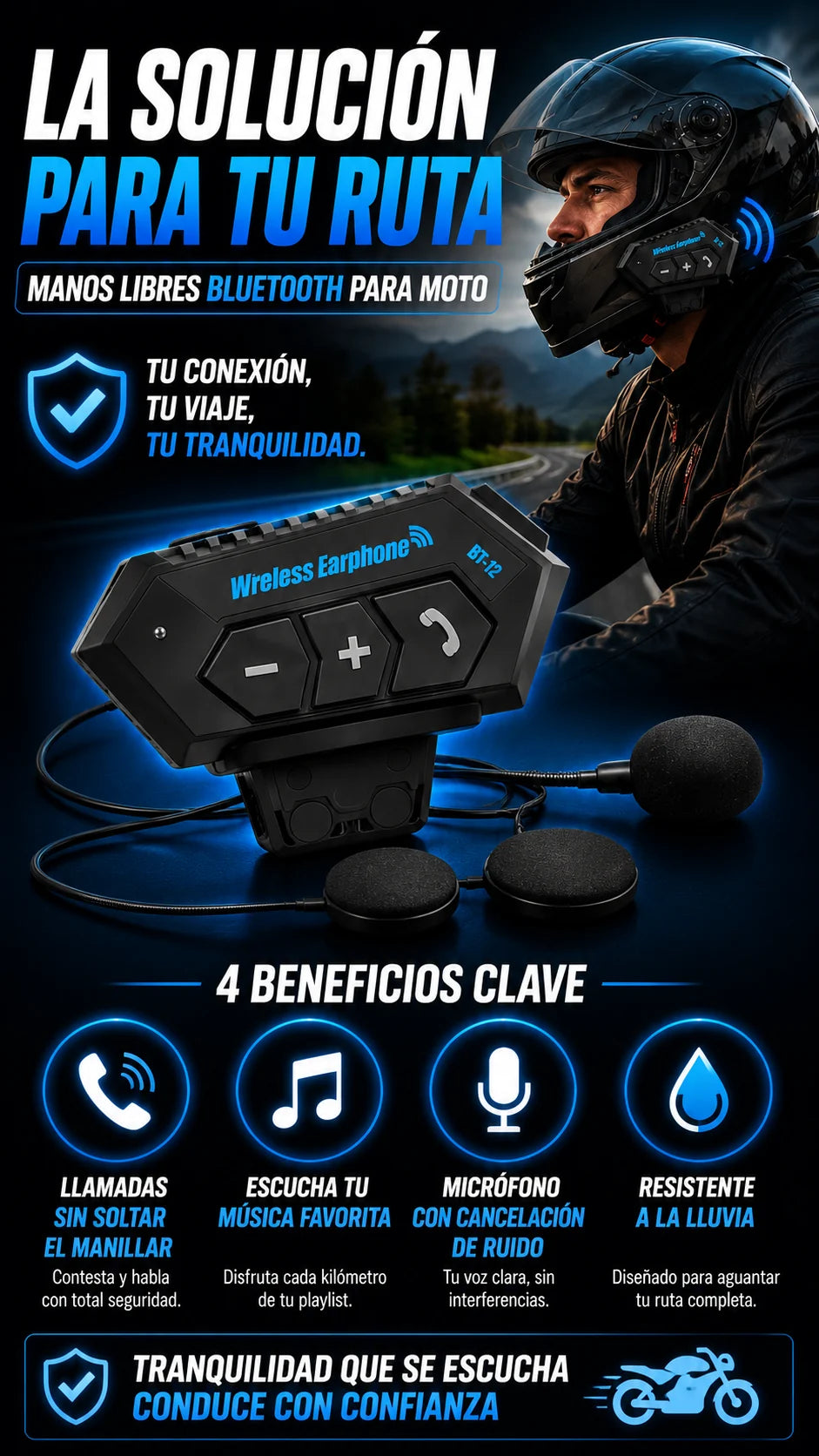 Solucion manos libres BT12 para llamadas musica microfono y resistencia al agua