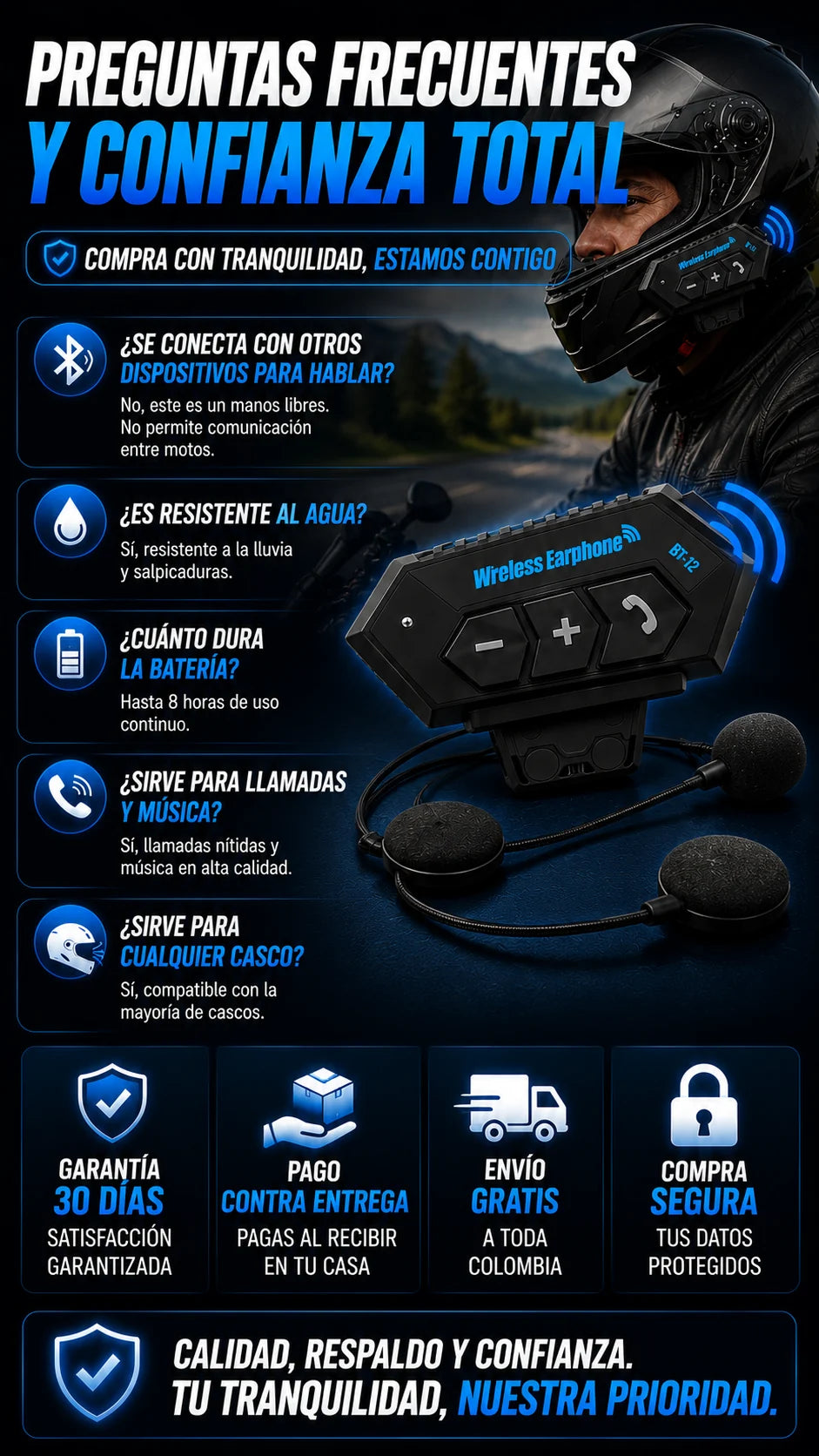 Preguntas frecuentes sobre el manos libres BT12 para moto