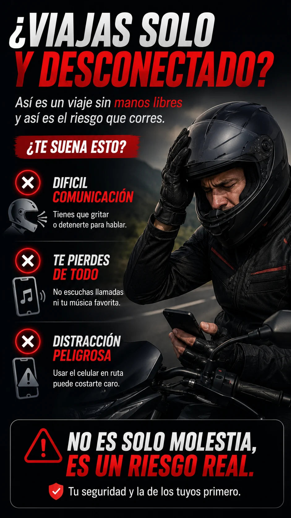 Riesgos de viajar sin manos libres para moto