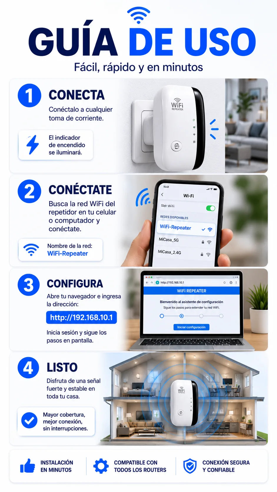 Guia de uso del repetidor WiFi en cuatro pasos